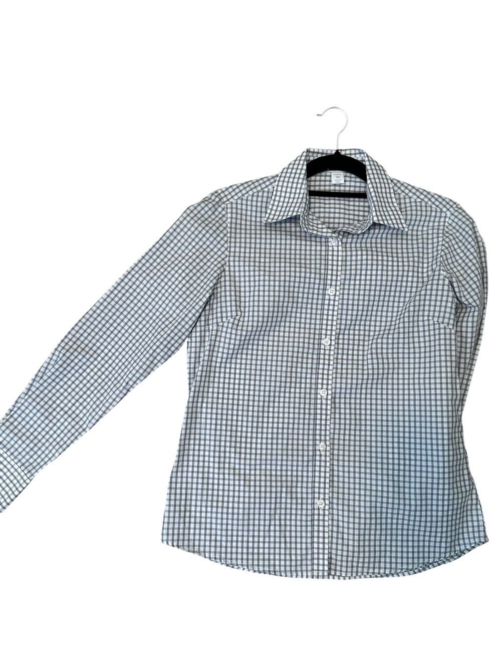 Vantage checkered fitted Women’s Button Down Blouse Work shirt gray white sz S
